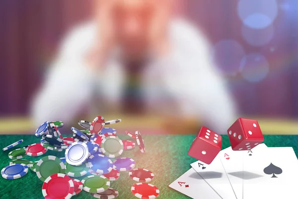 Red dice against man betting his house — Stock Photo, Image