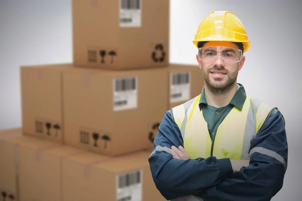 Sammansatta 3d bild av arbetare bär hardhat och glasögon — Stockfoto