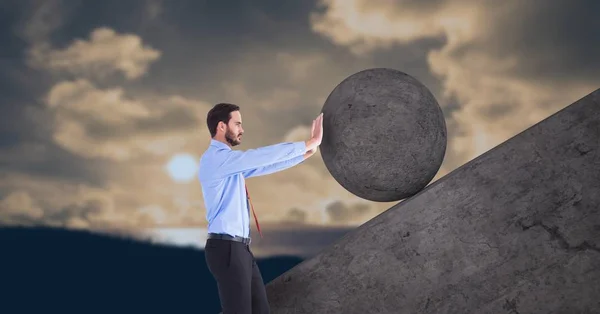 Hombre empujando 3D rodando roca redonda — Foto de Stock