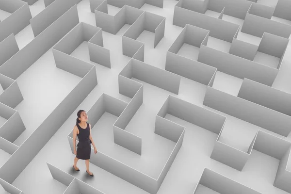 Woman looking up in a 3D maze — Stock Photo, Image