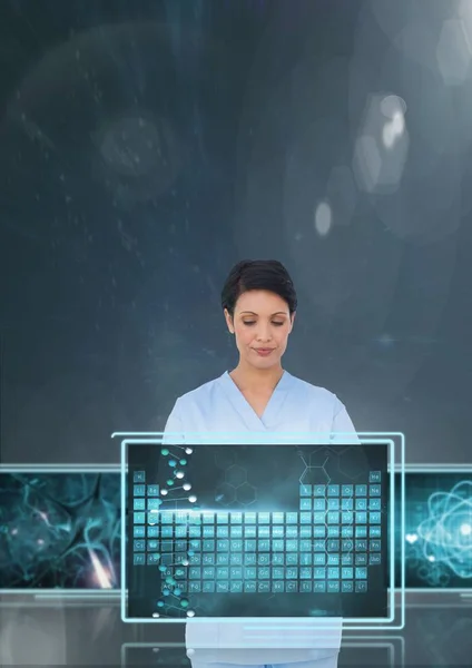 Médico mujer interactuando con interfaces médicas contra fondo azul 3D con bengalas — Foto de Stock