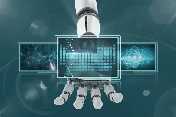 3 d ロボット手フレアで青い背景に医療のインターフェイスとの相互作用 — ストック写真