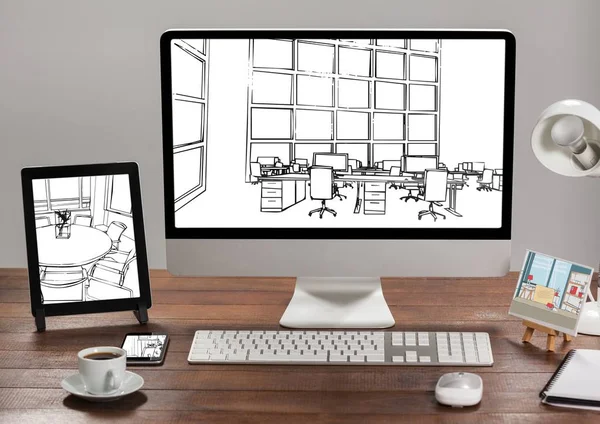 Desk with tablet, computer and phone. — Stock Photo, Image