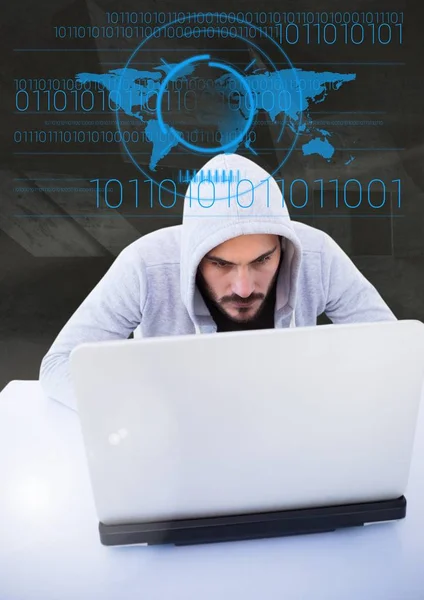 Hacker mit Laptop vor digitalen Zeichnungen — Stockfoto