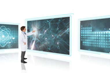 Adam doktor 3d tıbbi arabirimleri beyaz arka plan ile etkileşim