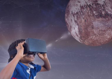 3d bir gezegene parlama ile mor arka planı arıyorum Vr kulaklık mutlu çocuk