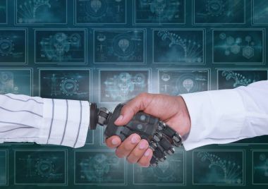 3D robot el ve arka plan tıbbi arabirimleri ile tokalaşırken kişi