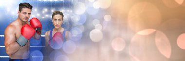 Boksör savaşçı erkek ve kadın parlak ışık bokeh ile 3d geçiş