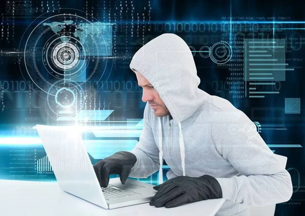Hacker mit Handschuhen und Laptop — Stockfoto
