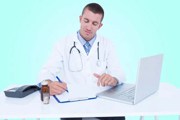 Composite 3d image of male doctor writing while sitting by desk — Stock Photo, Image