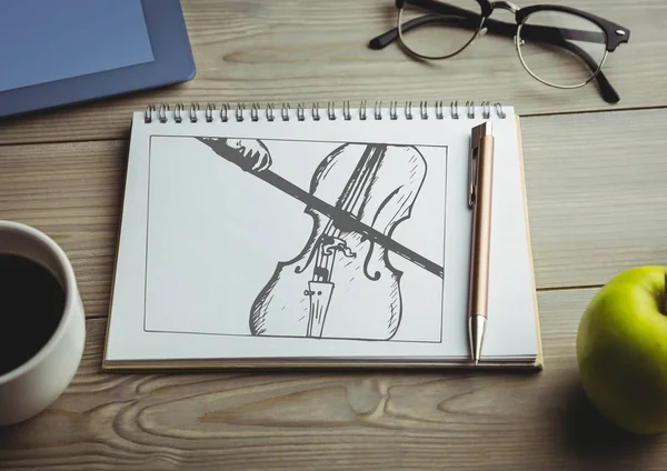 Doodle de violoncelo no bloco de notas com café — Fotografia de Stock