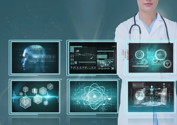 Женщина врач глядя на медицинские интерфейсы 3d — стоковое фото