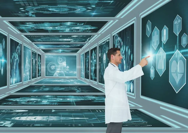 Hombre médico interactuando con interfaces médicas 3d — Foto de Stock