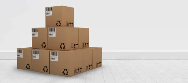 3d Composietbeeld van stapel bruin verpakt kartonnen dozen — Stockfoto