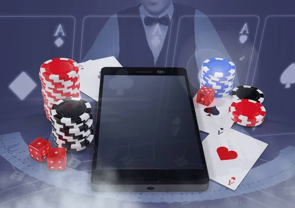 Teléfono con fichas de casino de póquer y naipes con croupier y espacio de copia —  Fotos de Stock