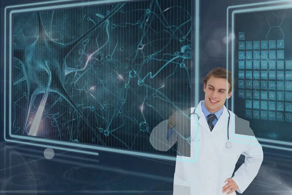 Людина-лікар, що взаємодіє з медичними інтерфейсами на фіолетовому фоні з спалахами 3d — стокове фото