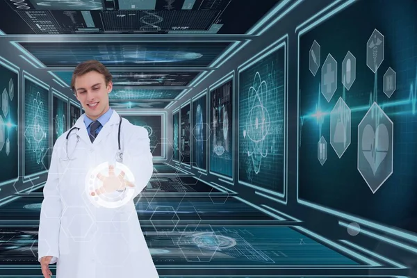 Mann Arzt interagiert mit Schnittstellen vor Hintergrund mit medizinischen Schnittstellen 3d — Stockfoto