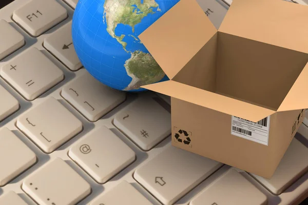 3d image of globe by empty cardboard box — Stock Photo, Image