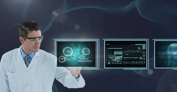 Hombre médico interactuando con interfaces médicas contra el fondo púrpura 3d — Foto de Stock