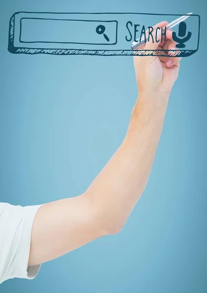 Kézi mutatva a toll, a 3D-s kutatás büfé, kék háttérrel — Stock Fotó