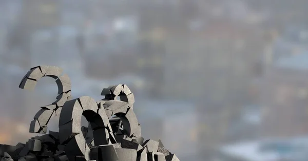 Pietra di cemento rotto 3D con simbolo Domanda nel paesaggio urbano — Foto Stock