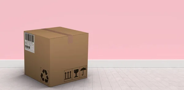 Courier box na růžové zdi o dřevěnou podlahu — Stock fotografie