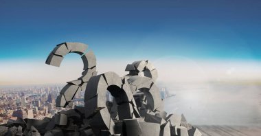 3D kırık Beton taş cityscape soru simgesiyle