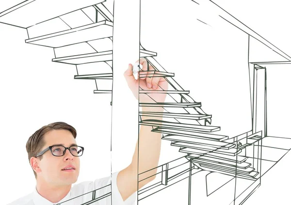 Mann zeichnet 3d Büro Treppe — Stockfoto