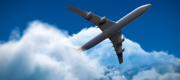 Avião gráfico contra a vista idílica do sol brilhante sobre a paisagem nublada — Fotografia de Stock