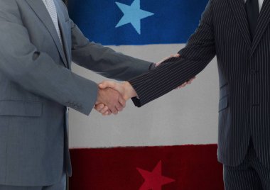 İki 3B erkekler el sıkışma bir Amerikan bayrağı ile