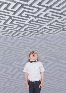 Arka plan bir labirent ile 3d labirentine isteyen çocuk