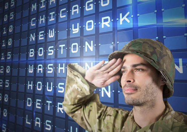 Soldado orgulhoso saudando contra voos 3d postagem — Fotografia de Stock