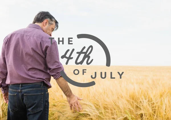 Grijze vierde van juli afbeelding tegen man aanraken van graan — Stockfoto