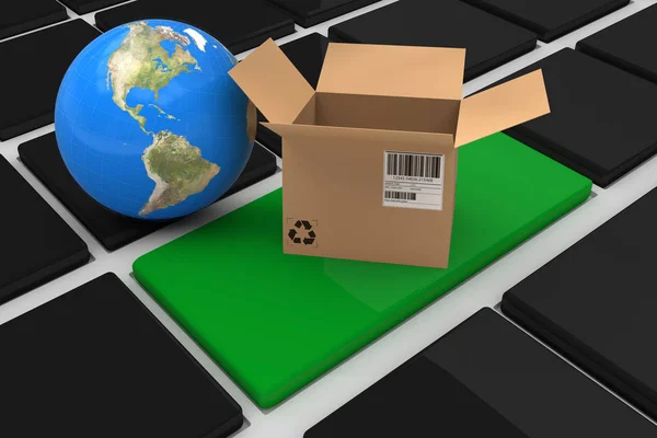 Dünya siyah klavye ile yeşil anahtar karşı açık karton kutu ile — Stok fotoğraf