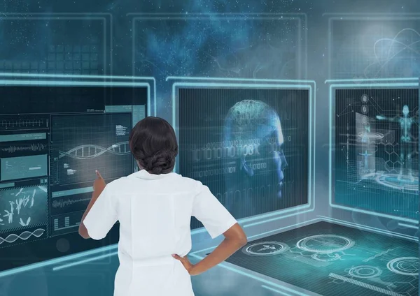 Mujer interactuando con interfaces médicas 3d contra fondo azul con bengalas — Foto de Stock