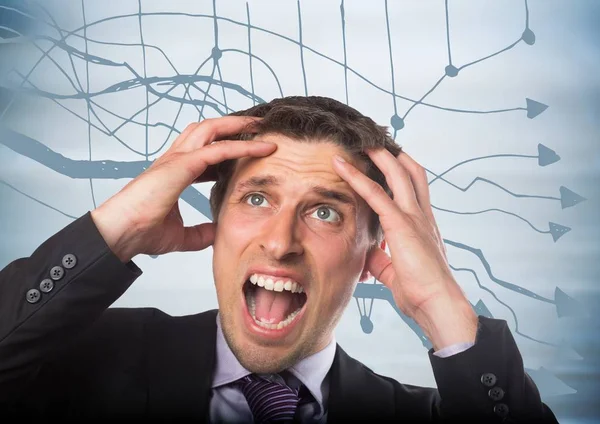 Hombre de negocios frustrado contra panel y gráfico —  Fotos de Stock
