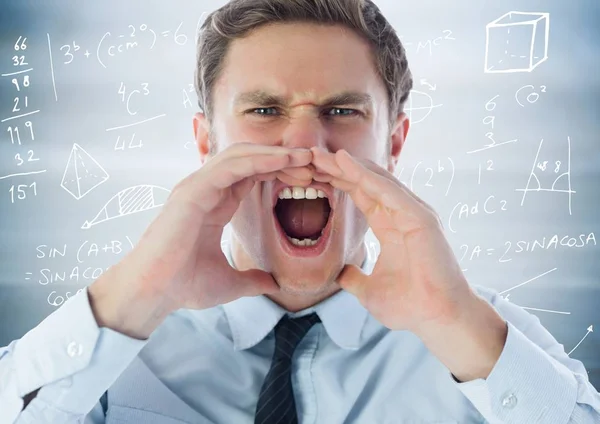Homem de negócios frustrado contra gráficos matemáticos — Fotografia de Stock