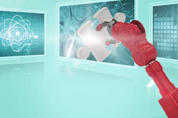 Imagen compuesta 3d de recortado de mano robótica roja sosteniendo pieza del rompecabezas — Foto de Stock
