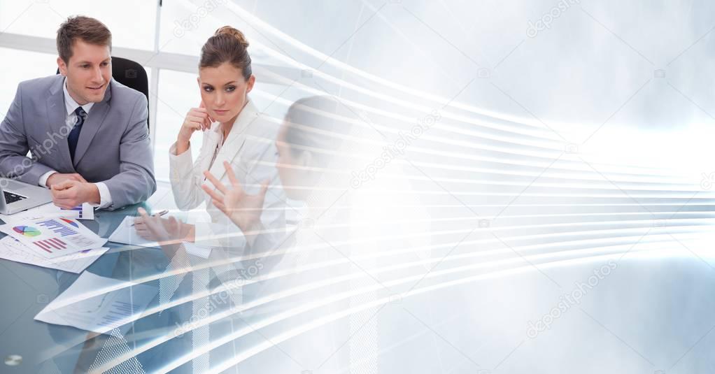 Business team by window and white interface transition