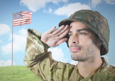 3D Amerikan bayrağı karşı selamlayan Imilitary