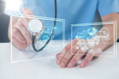 Midsection stetoskop tutan bir cerrah her bir bileşik 3d görüntü