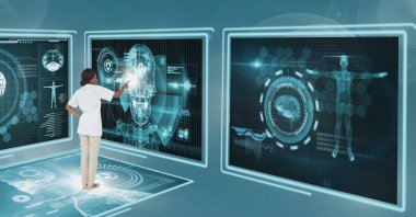 Kadın doktor 3D tıbbi arabirimleri ile etkileşim