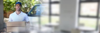 Teslimat kurye holding kutusu geçiş teslim ile 3d