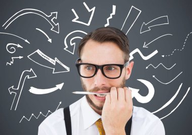 Ağzında kalem ile sinirli iş adamı 