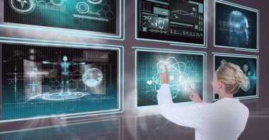 Kadın doktor tıbbi arabirimleri ile mor arka plan ile etkileşim 3d fişekleri