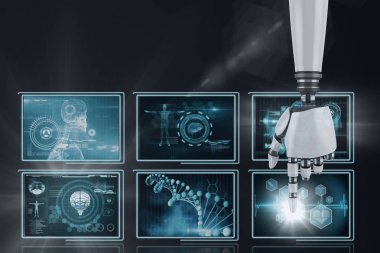 3d robot el siyah arka plan karşı tıbbi arabirimleri ile etkileşim