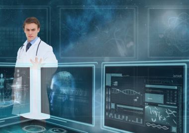 Adam doktor fişekleri ile gökyüzü karşı 3d tıbbi arabirimleri ile etkileşim