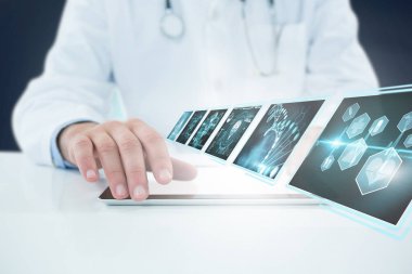 Bir doktor beyaz arka plan dijital tablet kullanarak bileşik 3d görüntü