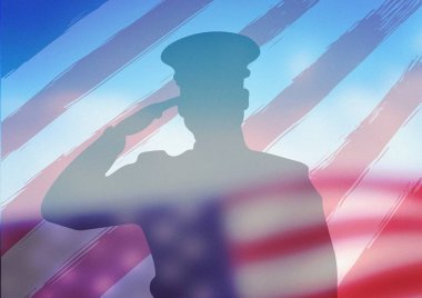 Asker Amerikan bayrağı önünde gölgesi