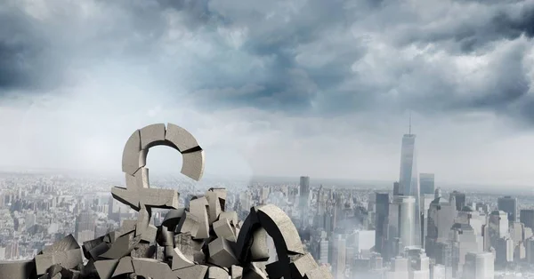 3D Pierre de béton cassé avec symbole de livre d'argent dans le paysage urbain — Photo